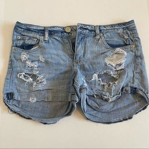 Medium washed Jean shorts.